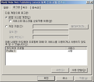 World Wide Web Publishing Service 로그온 정보