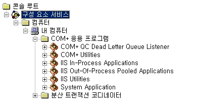 '응용 프로그램 보호' 항목이 '높음(격리됨)'으로 설정된 IIS 웹 응용 프로그램이 하나도 존재하지 않을 때의 '구성 요소 서비스' 스냅인의 콘솔 트리 모습