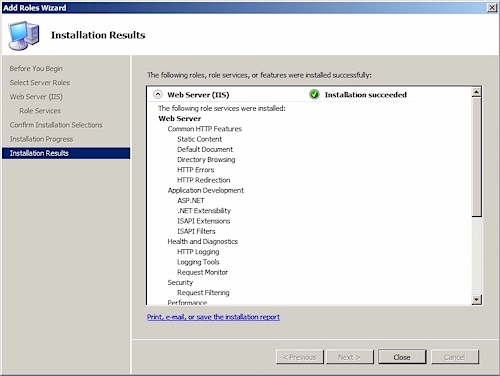 역할 추가 마법사 (Add Roles Wizard) : Installation Results