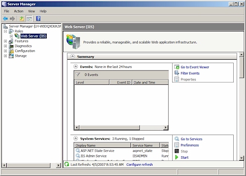 롱혼 서버 관리자 (Server Manager) : Web Server (IIS) 노드 화면