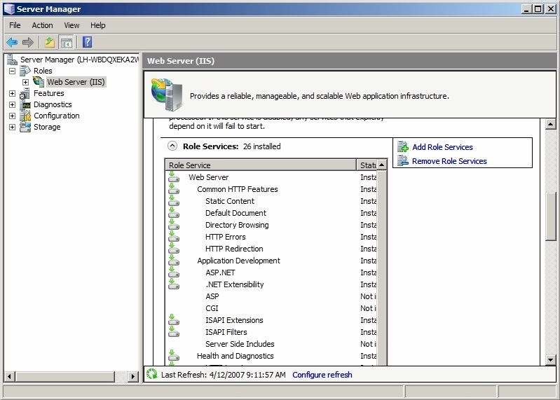 롱혼 서버 관리자 (Server Manager) : Web Server (IIS) 노드 화면