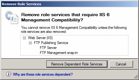 종속성 정보 대화 상자 : FTP 서비스 제거 확인