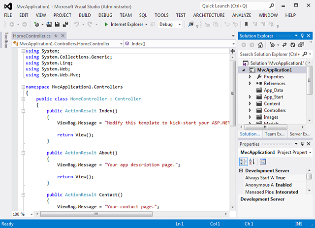 New ASP.NET MVC Application in Source View