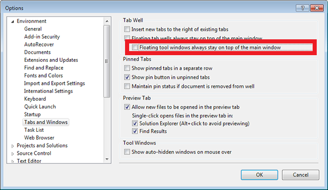 Clear this checkbox to ALT+TAB between Visual Studio and the undocked Page Inspector window
