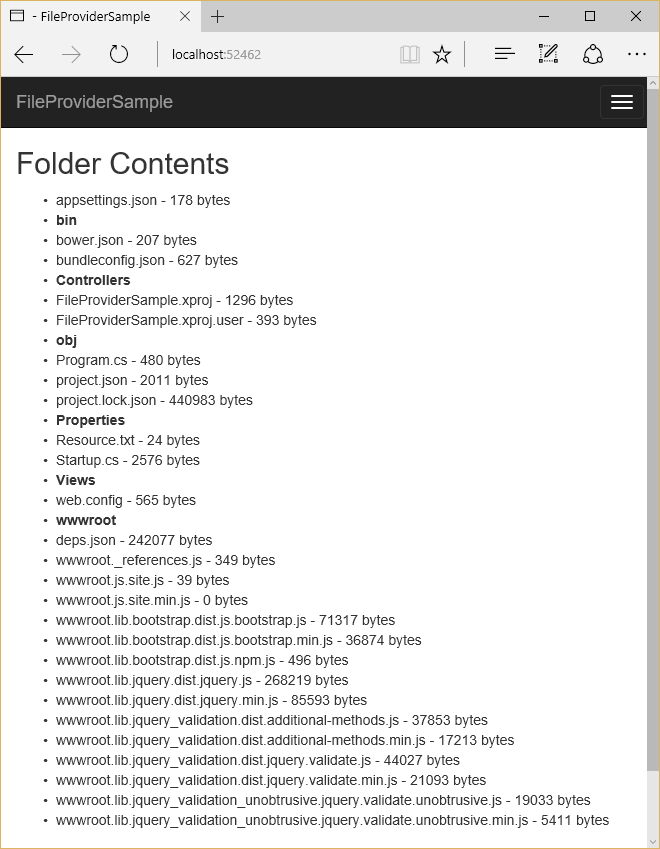 File provider sample application listing both physical files and folders and embedded files