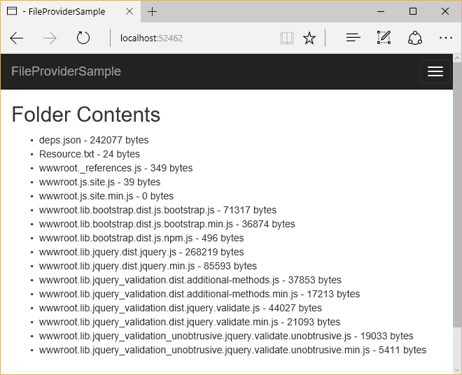 File provider sample application listing embedded files