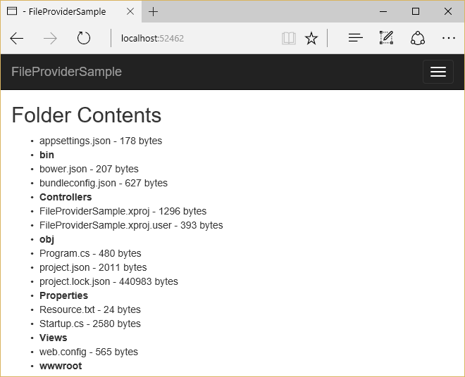 File provider sample application listing physical files and folders