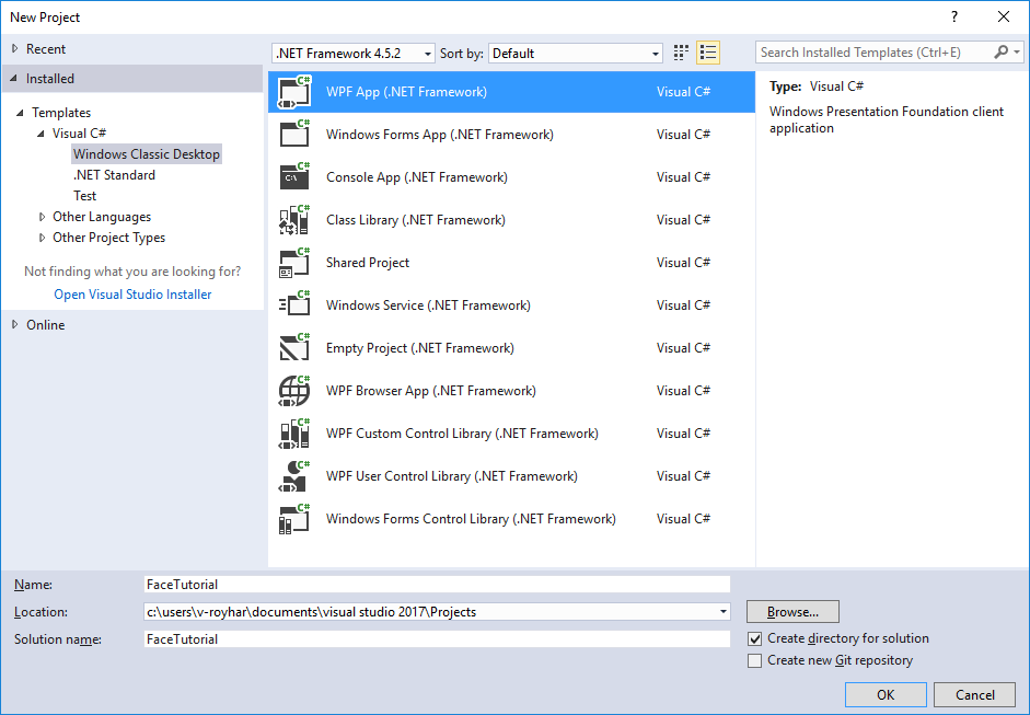 The New Project dialog box, with WPF Application selected