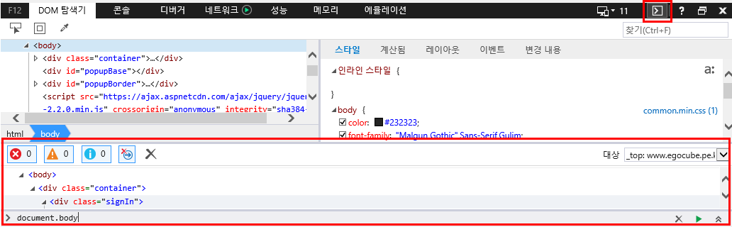 F12 개발자 도구 - 콘솔 창 - 콘솔 표시