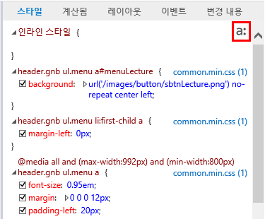 F12 개발자 도구 - DOM 탐색기 창 - 스타일 탭 - 의사 상태 패널