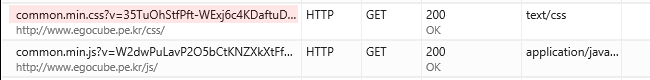 F12 개발자 도구 - 네트워크 창 - `common.min.css 파일 내역