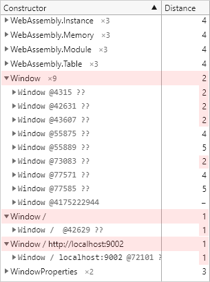 F12 개발자 도구 - 메모리 창 - Chromium Edge - 메모리 힙 스냅샷 세부 정보 (Summary - Distance, 개체 개수)