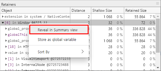 F12 개발자 도구 - 메모리 창 - Chromium Edge - 메모리 힙 스냅샷 세부 정보 (Summary - Retainers)