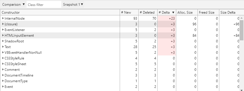 F12 개발자 도구 - 메모리 창 - Edge - 스냅샷 비교 (증가한 개체)