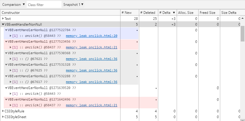 F12 개발자 도구 - 메모리 창 - Edge - 스냅샷 비교 (증가한 개체 - V8EventHandlerNotNull)