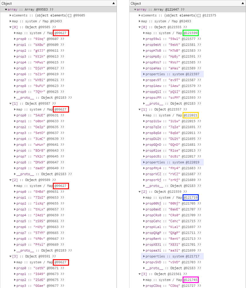 F12 개발자 도구 - 메모리 창 - Edge - Hidden Class - 예제 HTML 테스트 결과 비교