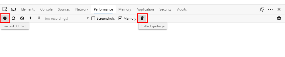 F12 개발자 도구 - Performance 창 - Edge - Record 버튼 및 Collect garbage 버튼