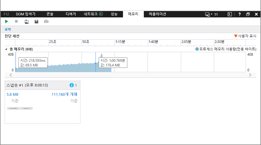 F12 개발자 도구 - 메모리 창 - IE11 - 총 메모리 사용량 그래프