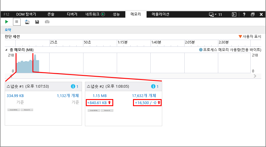 F12 개발자 도구 - 메모리 창 - IE11 - 스냅샷 비교 (요약)