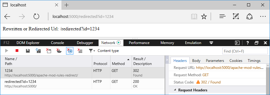 Browser window with Developer Tools tracking the requests and responses