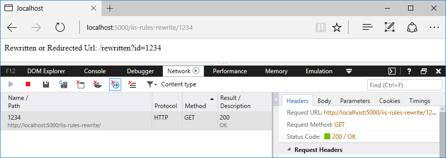 Browser window with Developer Tools tracking the request and response