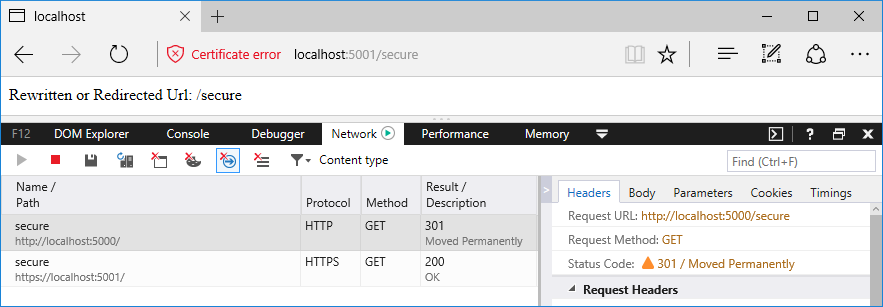 Browser window with Developer Tools tracking the requests and responses