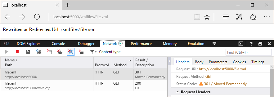 Browser window with Developer Tools tracking the requests and responses for file.xml