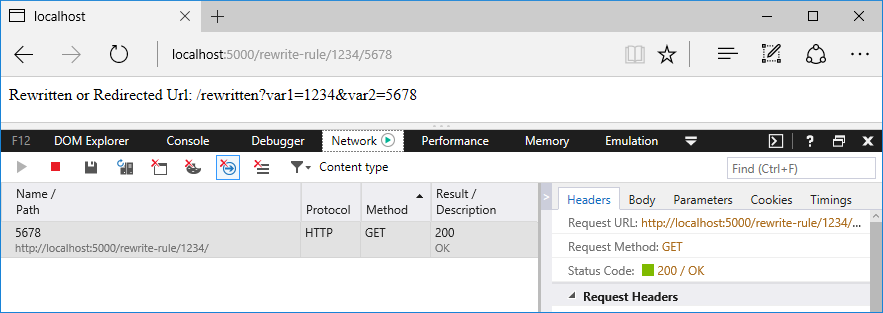 Browser window with Developer Tools tracking the request and response